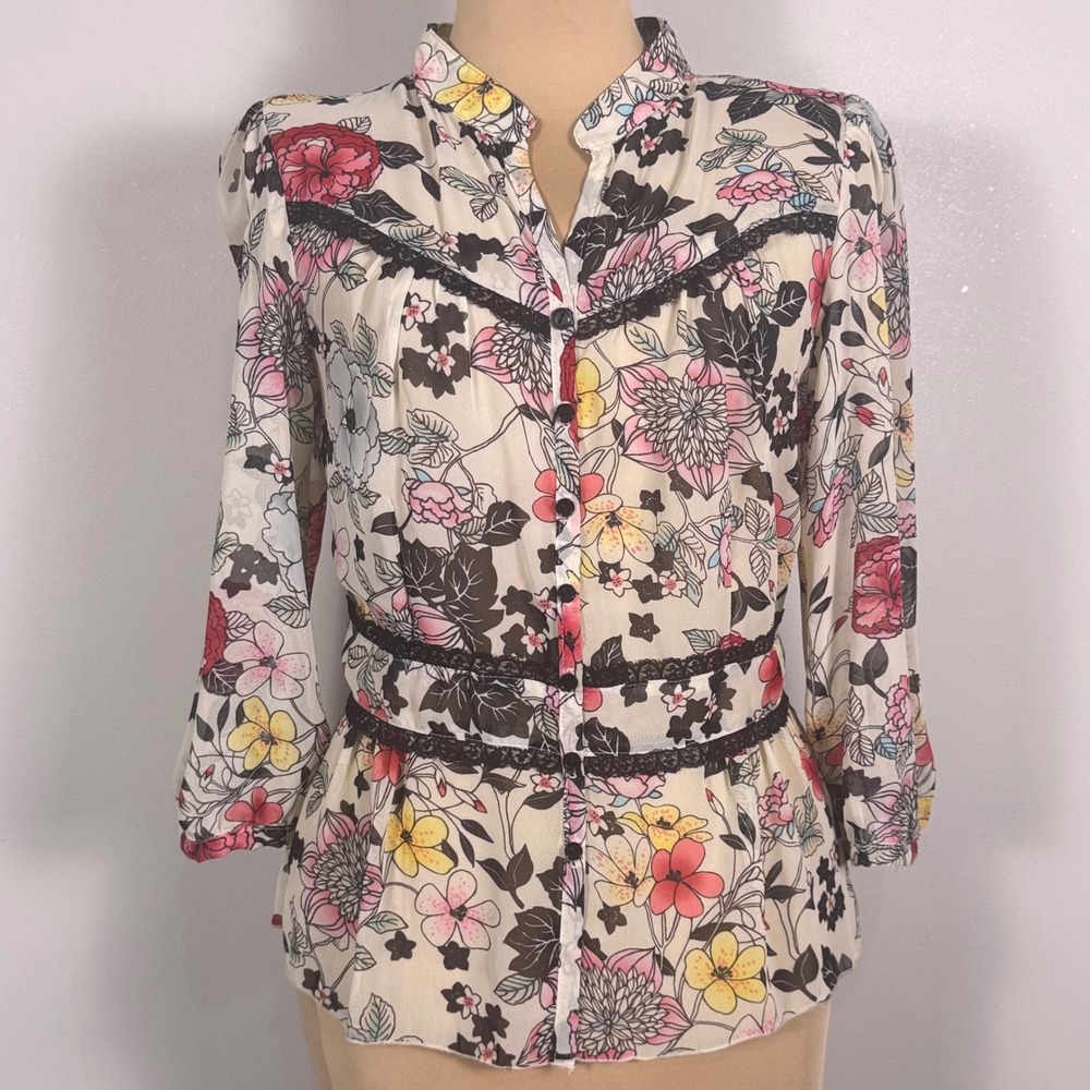 Y2K Love Squared Floral Lace Trim Blouse Coquette Puff Sleeve Made USA L Peplum